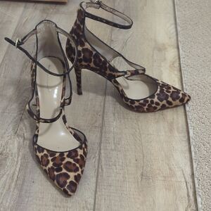 Ann Taylor Leopard Print Pointed-Toe Ankle-Strap Heels